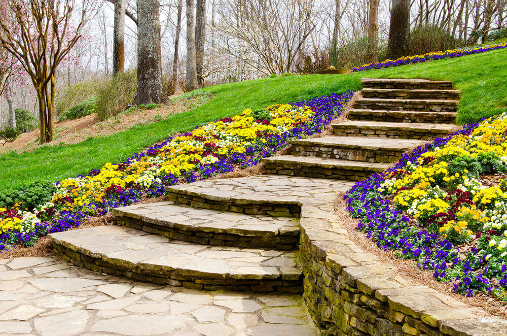 Arching stony steps are thrust in the green grassy slope leading to the woods Deliberately planted right beside it are the colorful perennial flowers to highlight the arching stony steps through its contrast of colors
