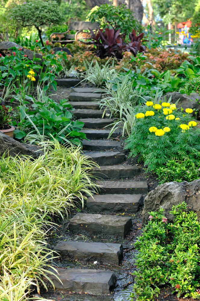 Black slabs of rectangular stones make up the steps between this garden of Japanese ornamental grasses, shrubs, and flowered plants